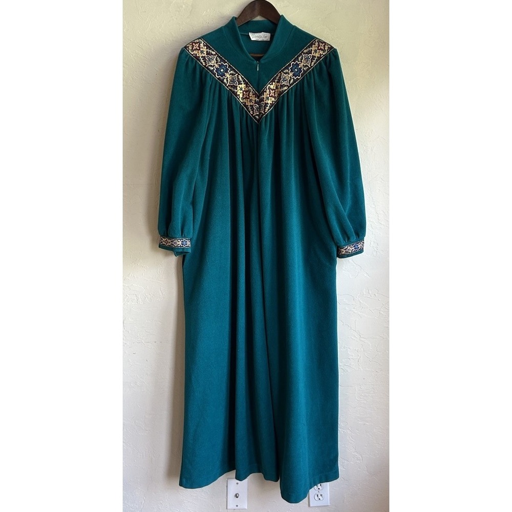 Vintage 70s 80s Vanity Fair Fleece Maxi Robe Housecoat XL Jewel Tone Nightgown